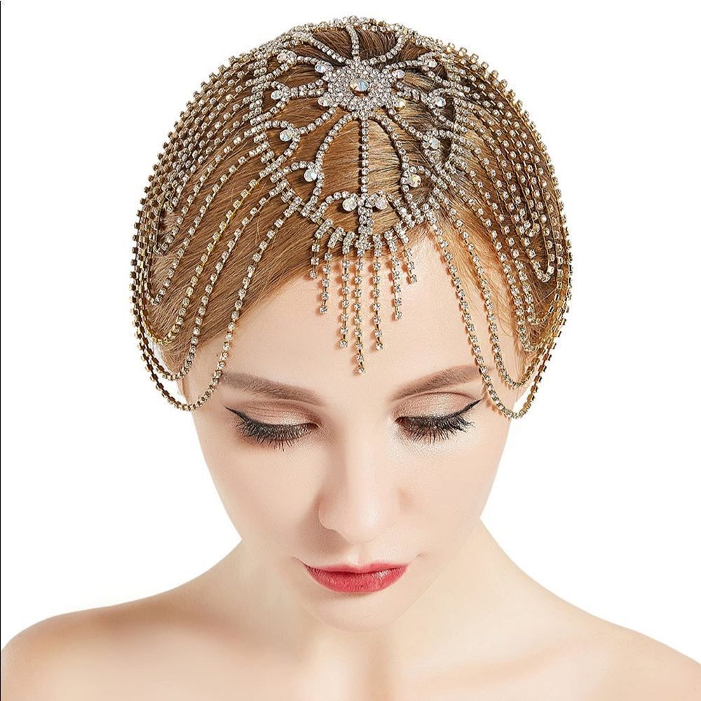 Roaring 20s Crystal Rhinestone Flapper Cap Headpiece Jewelry Vintage Inspired